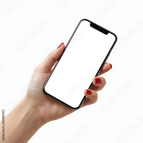 Hand holding smartphone with blank white screen isolated on white background,cut out