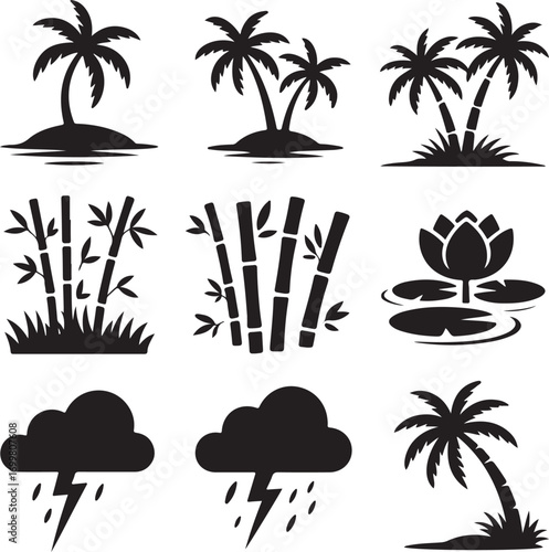 Tropical island and weather silhouette icons on white background Keywords: palm tree, island
