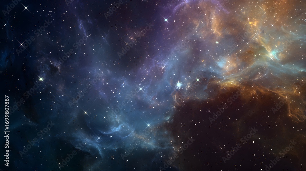 Naklejka premium A stunning view of a colorful nebula in space, featuring swirling clouds of gas and dust illuminated by distant stars
