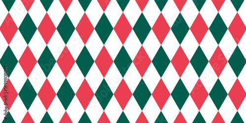 Christmas rhombus seamless pattern. Red and green xmas plaid texture with gold line.