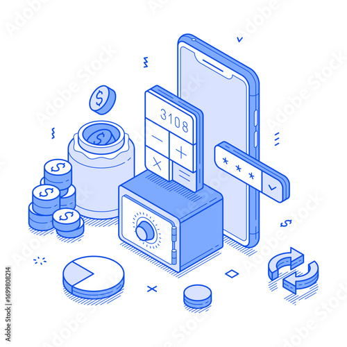 Online banking financial budget balance smartphone application isometric vector illustration. Internet bank shopping payment e money transaction mobile app accounting control digital technology