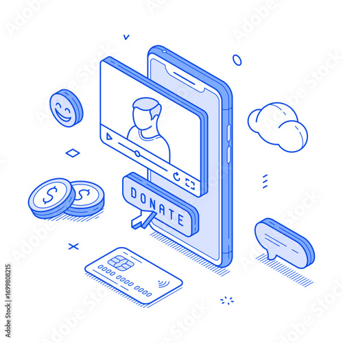 Donation internet blog vlog paying support monochrome isometric vector illustration. Donating charity blogger vlogger influencer money send subscribe follow online digital technology mobile app