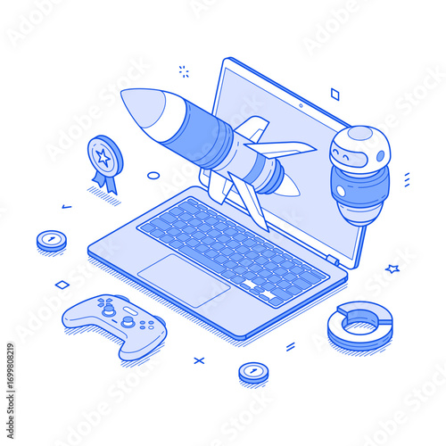 Online gaming esport virtual video game laptop workflow isometric vector illustration. Internet game cyberspace entertainment web digital technology artificial intelligence chatbot gamepad device