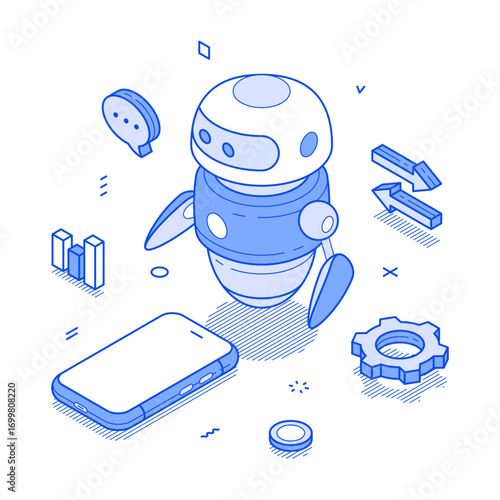 Artificial intelligence chatbot assistance smartphone application isometric vector illustration. AI robotic digital technology automation machinery chat customer support service mobile app