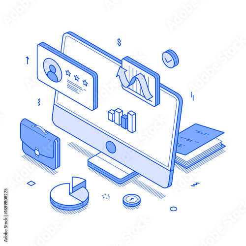 Online business computer workflow commercial analyzing monochrome isometric vector illustration. Internet document education media marketing cyberspace optimization digital technology