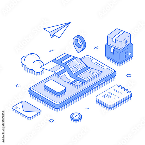 Postal parcel delivery courier service logistic smartphone app isometric vector illustration. Cargo distribution online shopping order shipping GPS tracking transportation control mobile app