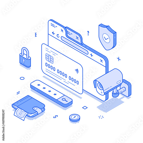 Banking secure payment financial internet protection isometric vector illustration. Credit debit card e money transaction digital finance cashless paying budget balance web accounting control