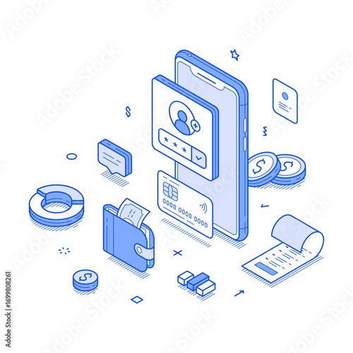 Online banking user account budget balance smartphone application isometric vector illustration. Internet bank financial currency earnings expenses management accounting electronic savings control
