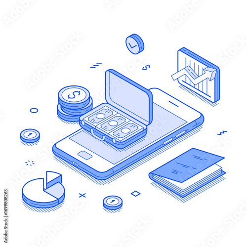 Financial planning budget balance analyzing smartphone application isometric vector illustration. Finance banking accounting control money salary savings investment mobile app digital technology