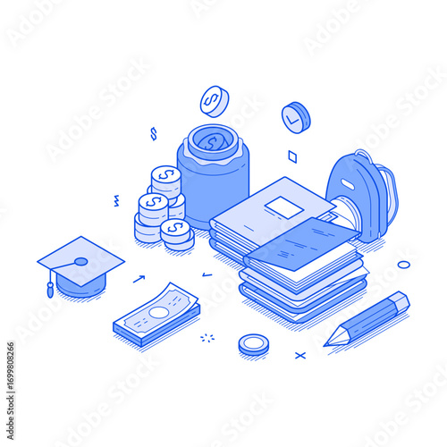 Education investment scholarship financial opportunity degree support isometric vector illustration. Studying college university school learning course cost debit expenses financial payment