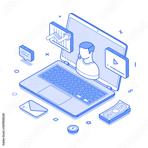 Financial consultation business analyzing video distance assistance isometric vector illustration. Finance banking investment expert help assist profit strategy development internet analysis