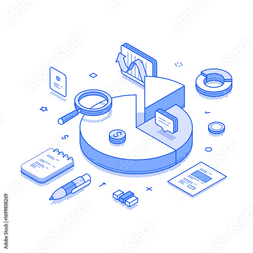 Business market analyzing efficiency productivity diagram isometric vector illustration. Financial commercial management graph monitoring economy information solution profit planning research