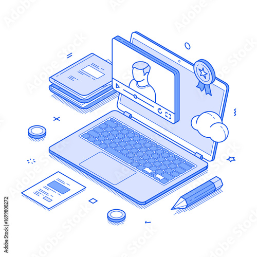 E learning online education distance class video lesson isometric vector illustration. Internet school college university webinar live broadcasting laptop remote cyberspace studying digital technology