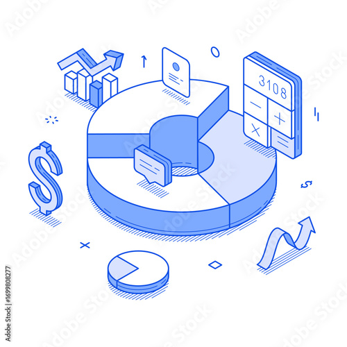 Business statistic financial accounting budget balance analyzing isometric vector illustration. Commercial analysis bookkeeping infographic information diagram efficiency planning optimization