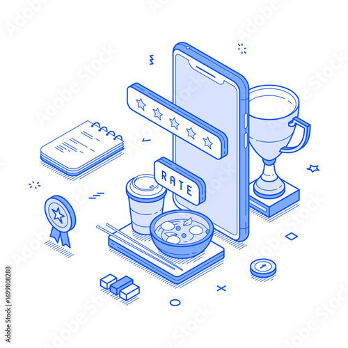 Food delivery review rating service customer rate smartphone application isometric vector illustration. Best choosing evaluation reward quality guarantee internet opinion social media network app