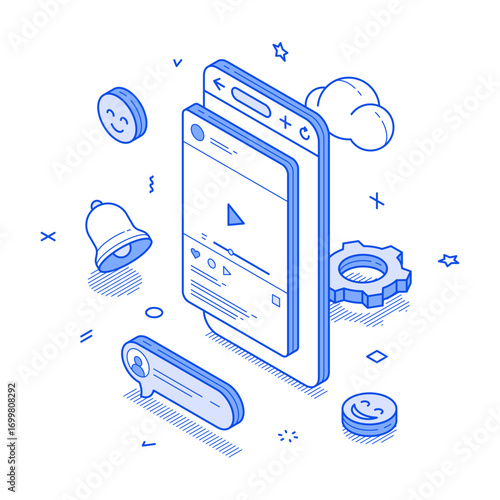 Social media network video blog vlog influencer content mobile app isometric vector illustration. User internet profile blogging vlogging follow subscribe digital entertainment smartphone application
