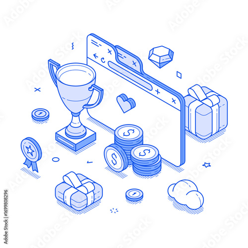 Internet reward loyalty program prize bonus benefit isometric vector illustration. Online competition win victory best service product offer trophy rank achievement cyberspace evaluation championship