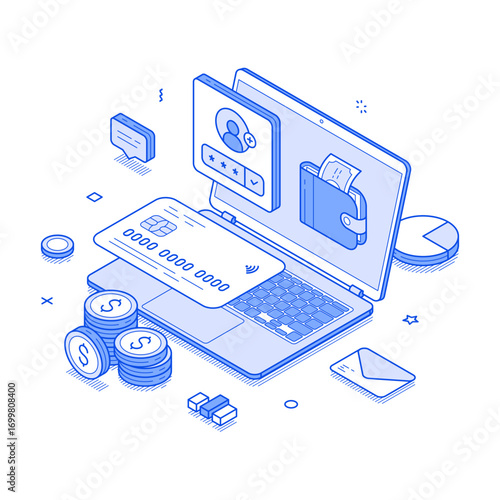 Online banking personal user account laptop desk interface isometric vector illustration. Internet bank financial web service cashless shopping payment e money transaction savings wallet protection
