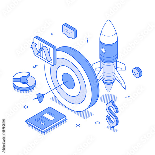 Success business strategy innovation idea effective solution development isometric vector illustration. Commercial corporate achievement efficiency and productivity management marketing optimization