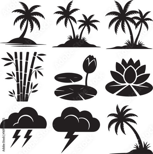 Collection of Tropical Nature and Weather Icons in Silhouette palm tree island