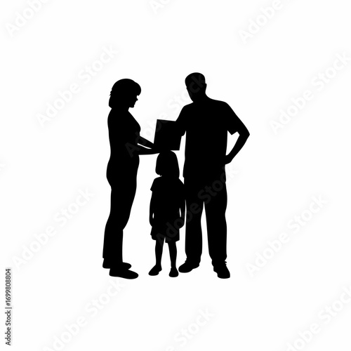 Parents teaching child computer use silhouette isolated on white background