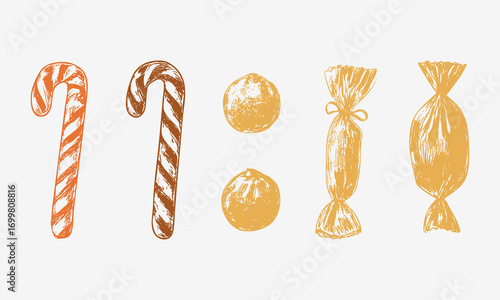 Vintage line doodle candy set with candy canes, truffles, wrapped sweets. Crayon sketchy drawing confectionery illustration.