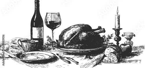 Crayon drawing holiday dinner table with roast turkey, wine, bread, candle. Hand drawn pencil sketch festive illustration for Thanksgiving or Christmas cards.