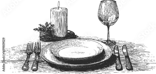 Hand drawn festive table setting with candle, wine glass and plate. Elegant vintage pencil sketch style dinner illustration for Christmas, New Year, wedding invitations, restaurant design.