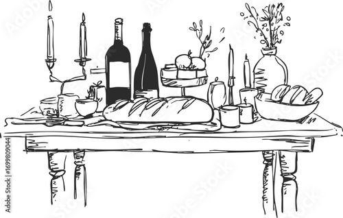Rustic holiday feast table with bread, wine, candles, festive decor. Hand drawn pencil sketch dinner drawing for Thanksgiving, Christmas, restaurant menus.