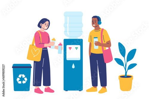 Diverse colleagues, a man and a woman, talking and refilling reusable bottles at the water cooler during a break in a modern, eco-friendly office