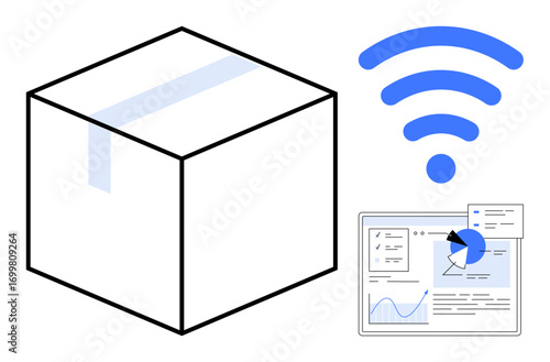 Open package, wireless signal, and analytic dashboard with graphs and charts. Ideal for IoT logistics, inventory management, data analysis, connectivity, shipping solutions, smart systems simple