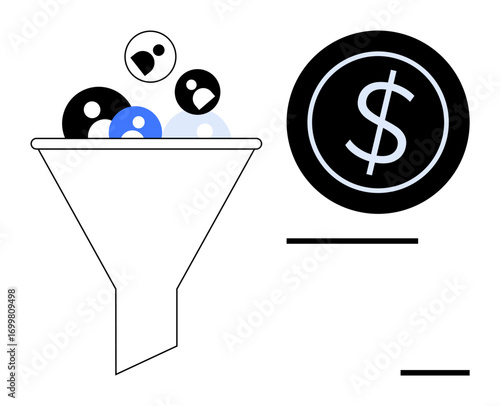 Funnel collecting user profiles transforms into a dollar symbol, symbolizing lead generation, sales, or business growth. Ideal for marketing, finance, data management, strategy, analytics online