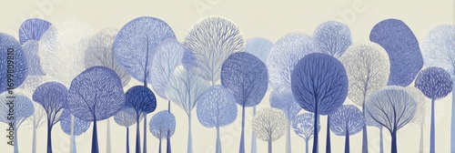 Winter Landscape Featuring Stylized Blue Trees in a Snow-Covered Forest Setting During Daylight