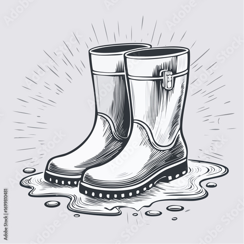 Monochrome illustration of rain boots standing in a puddle, perfect for rainy days and outdoor adventures
