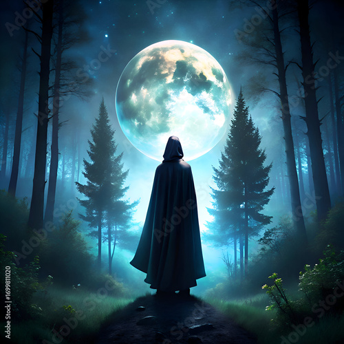 A hooded figure in a dark cloak stands contemplatively in a mystical. foggy forest at night under a large full moon. A solitary figure in a medieval style cloak gazes out at the night forest scene.