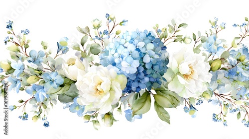 A beautiful floral arrangement featuring blue hydrangeas, white peonies, and delicate blue flowers with green leaves, suitable for backgrounds or decorative purposes on white background