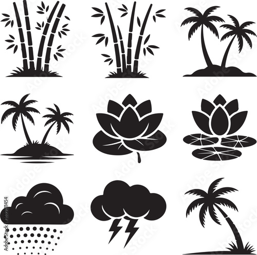 Collection of nine black silhouette nature icons with bamboo and weather elements palm tree