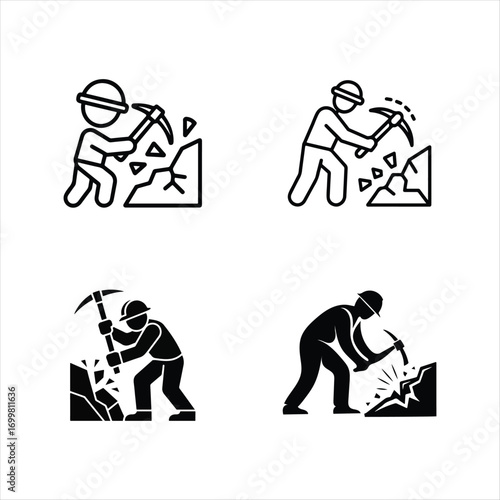 Miner Icon Set with Pickaxe and Rock Breaking Symbol on white background