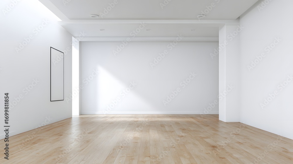 Fototapeta premium A bright, empty room with large windows allowing natural light to fill the space, featuring wooden flooring and white walls