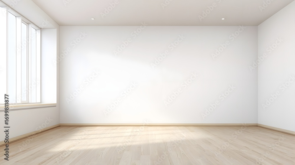 Fototapeta premium A bright, empty room with large windows allowing natural light to fill the space, featuring wooden flooring and white walls