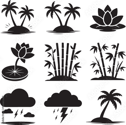 Tropical Island Palm Trees Lotus Flowers Bamboo and Storm Clouds Icons palm tree silhouette