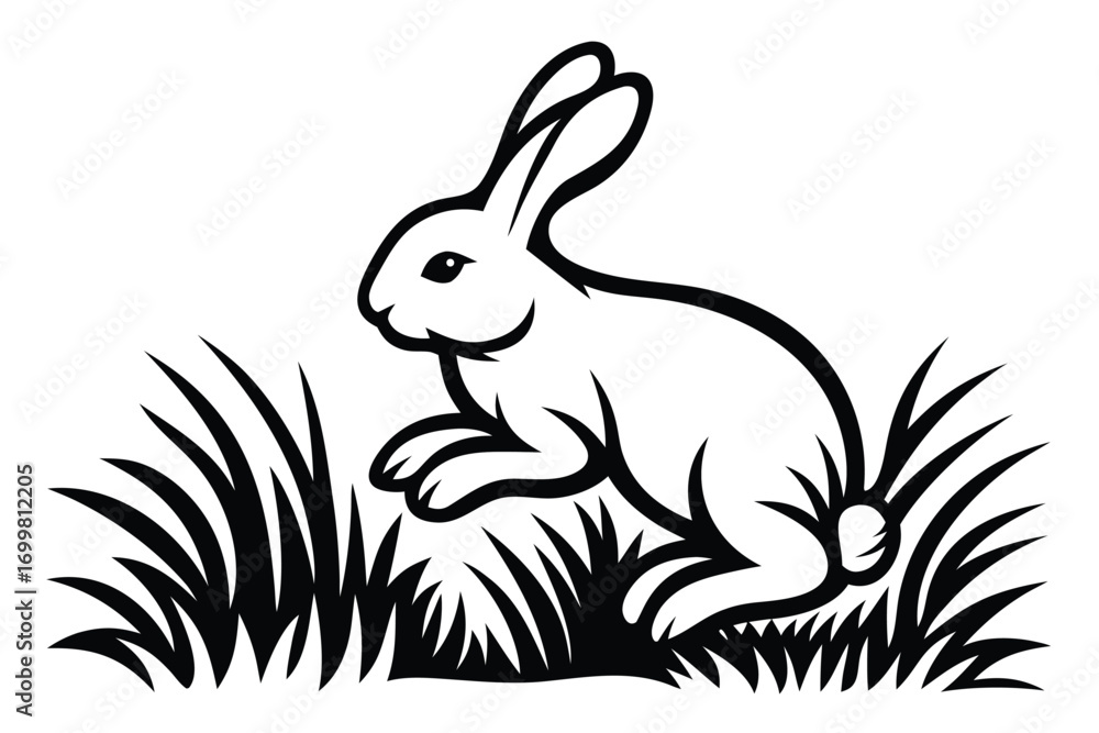 Obraz premium Monochrome Cartoon Rabbit in Grass, Outline Bunny on White Background