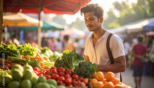 Young man buying healthy fresh vegetables on an outdoor market