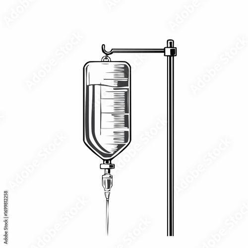 Monochromatic illustration depicting an essential intravenous drip system, symbolizing crucial medical treatment, patient care, and modern healthcare support for recovery and health maintenance