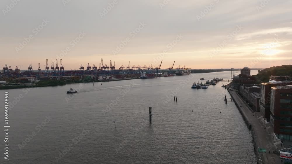 Hamburg Harbour Sunset with Cargo Cranes, ships and golden skies