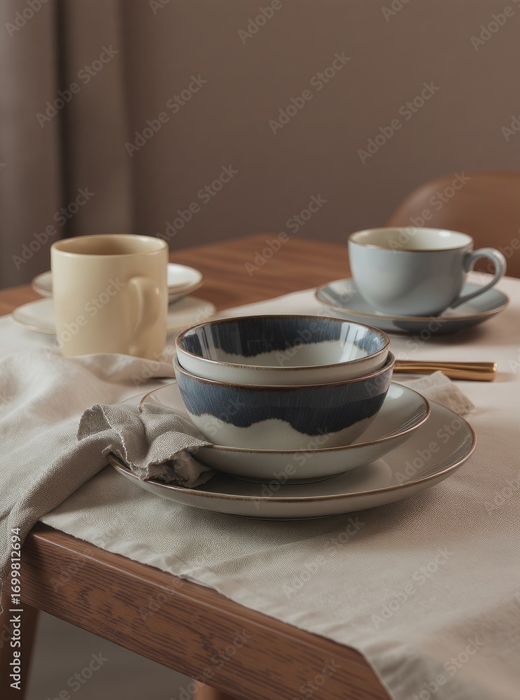 Fototapeta premium A table setting with ceramic bowls and cups