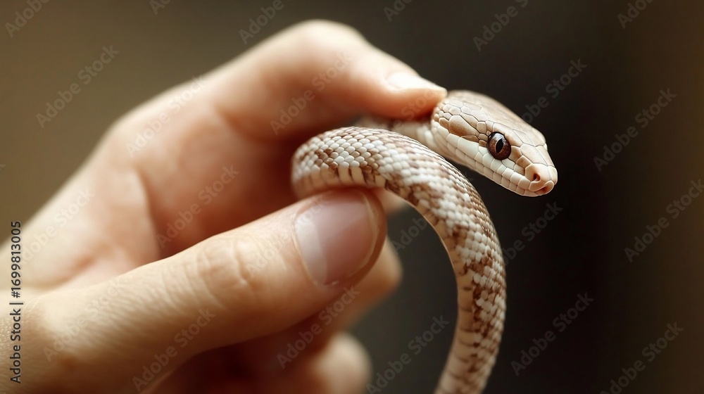 Fototapeta premium Gentle hands holding a beautiful juvenile Scaleless Corn Snake