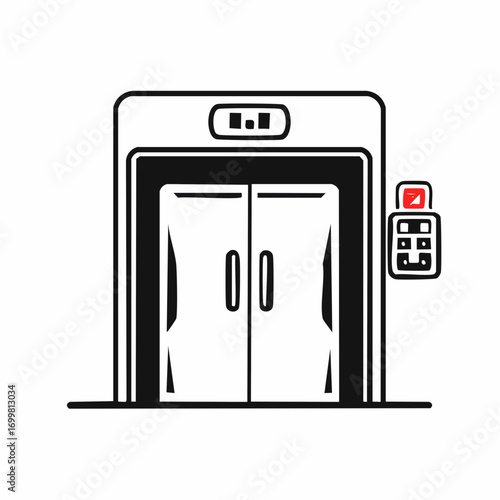 Modern Elevator Lift Doors with Control Panel Icon for Building Access and Vertical Transportation. Minimalist Line Art Illustration of a Passenger Lift System for Office and Residential Buildings