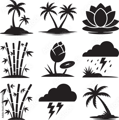 Nine black silhouette icons of tropical plants and weather elements nature palm tree