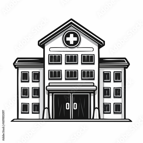 Monochrome vector illustration of a hospital building. Architectural concept for a medical center, clinic, or healthcare facility providing emergency aid and treatment